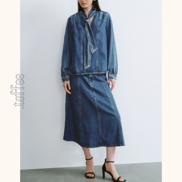 リボンタイ付きウォッシュドデニムシャツ Z00611