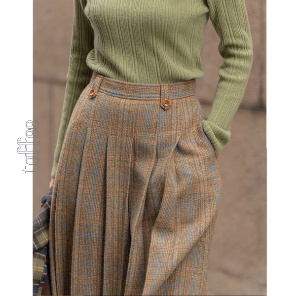 【3color】チェック柄リボン装飾ジレ&ミモレ丈プリーツスカートセットアップ《Z00858》