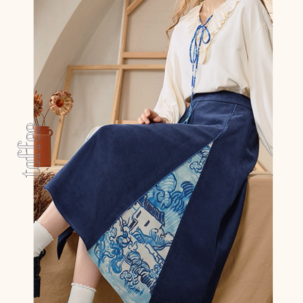 【2color】名画が踊る、切替アートプリントスカート《Z01123》