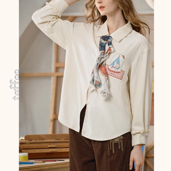 【2color】物語を結ぶリボンとアップリケのシャツ《Z01126》