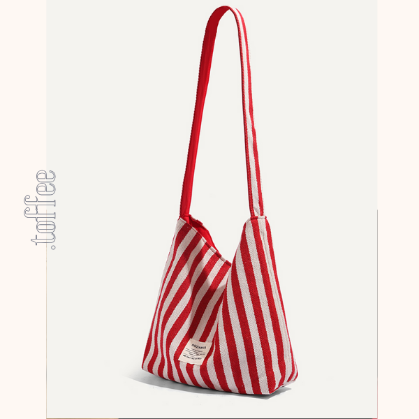 【2color】ストライプ柄×無地ロゴプリントキャンバスショルダーバッグ 《Z00803》