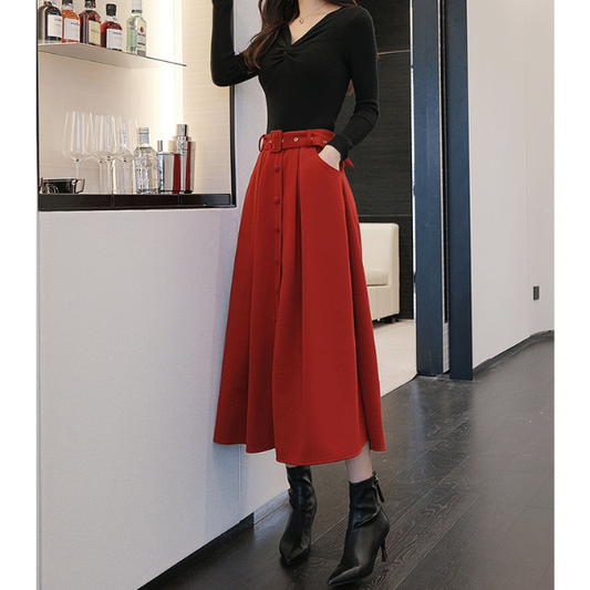 【2color】ベルテッドウールフレアスカート X-386