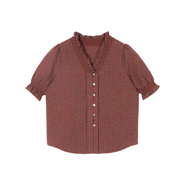 フリルネックチェック柄ブラウス《Z00822》