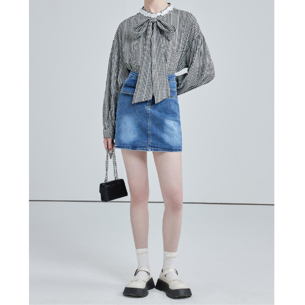 フロントリボンギンガムチェックルーズブラウス X-527