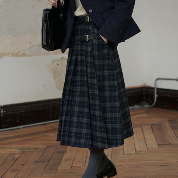 【2color】チェック柄ミモレ丈プリーツスカート Z00565
