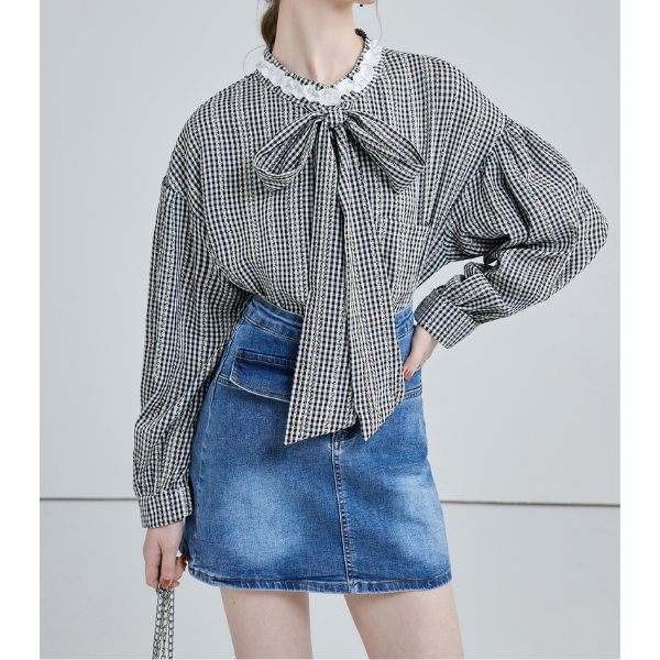 フロントリボンギンガムチェックルーズブラウス X-527