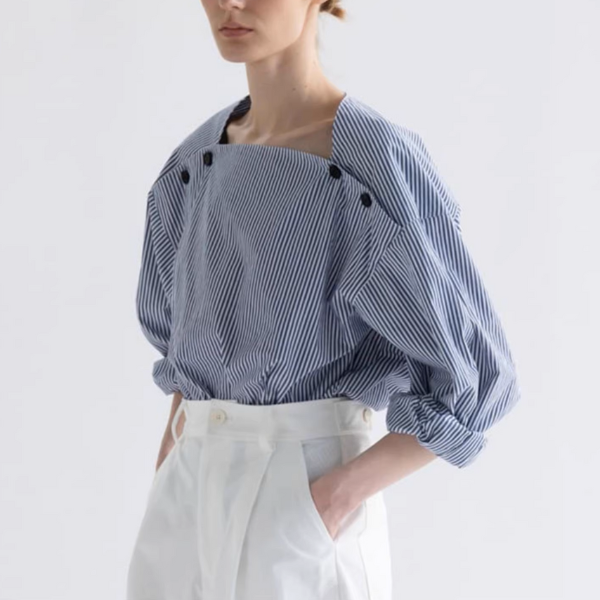 スクエアネックストライプドロップショルダーシャツ《Z00906》