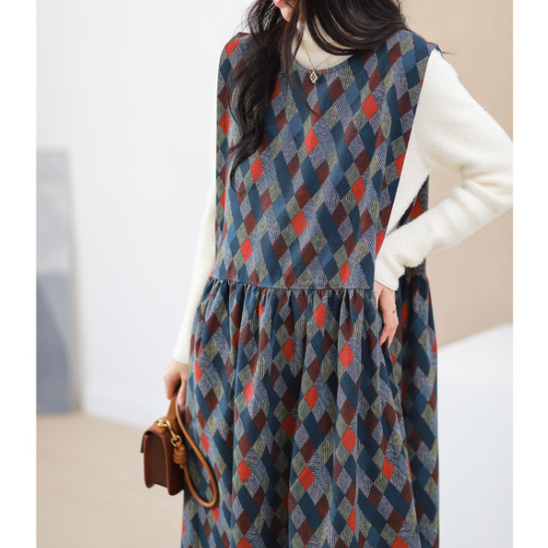 【2color】マルチカラースクエアパターンワンピース w-005