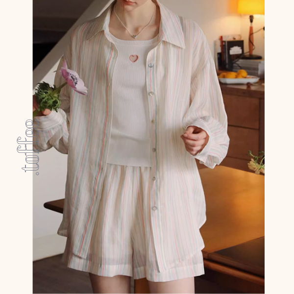 カラフルストライプルーズシャツ&ワイドショートパンツのセットアップ《Z01029》