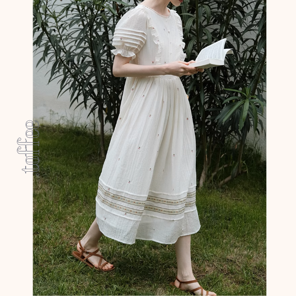 レース&パール装飾パフスリーブワンピース《Z00985》