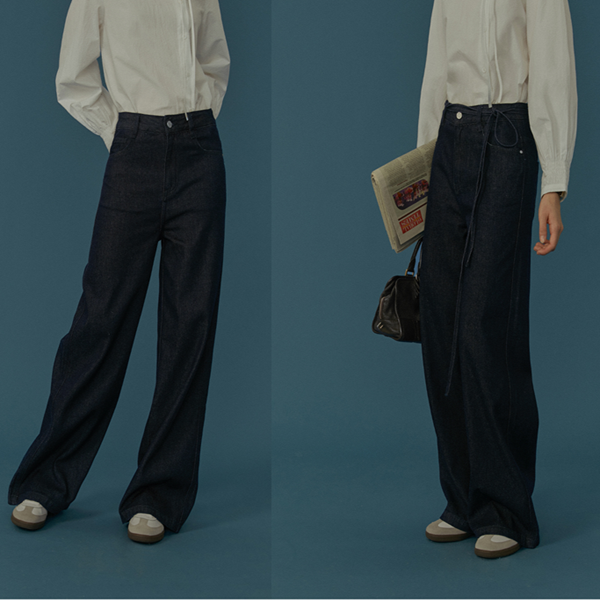 ストラップ付きハイウエストデニムパンツ Z00555