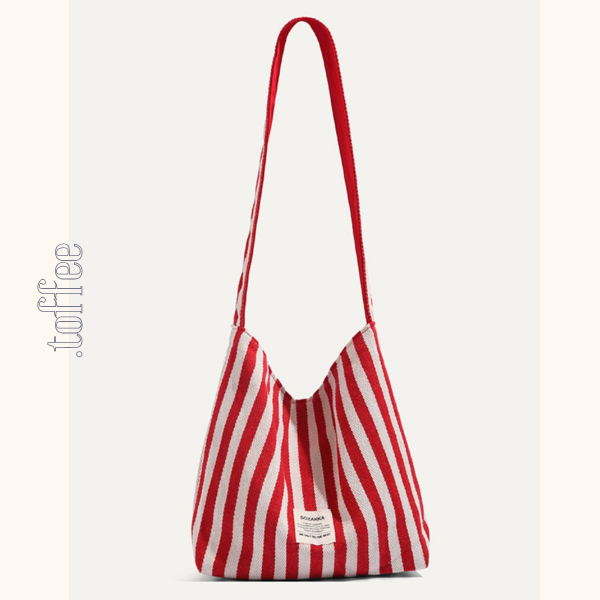 【2color】ストライプ柄×無地ロゴプリントキャンバスショルダーバッグ 《Z00803》