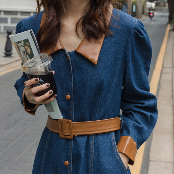 異素材ミックスバイカラーデニムワンピース AU-225