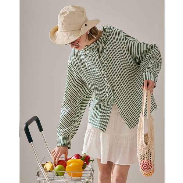 【2color】フード付きオーバーサイズストライプシャツ Z00130