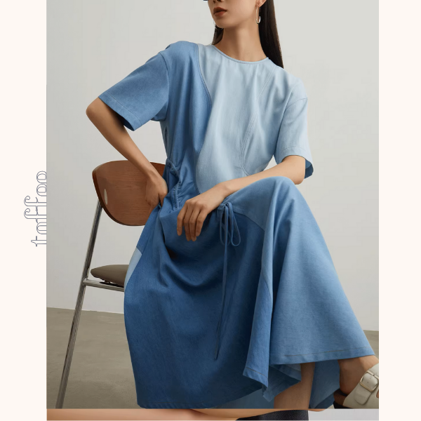 パッチワークアシメトリードローストリングロングワンピース《Z00950》