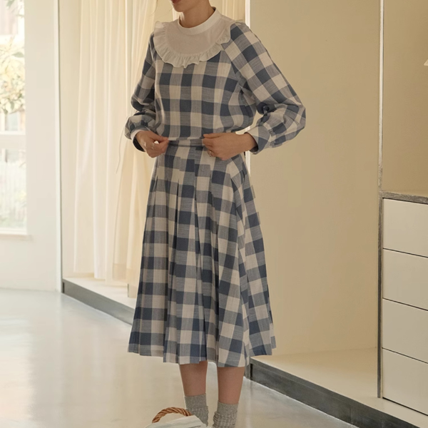 チェック柄ドールカラーブラウス&スカートセットアップ Z00085