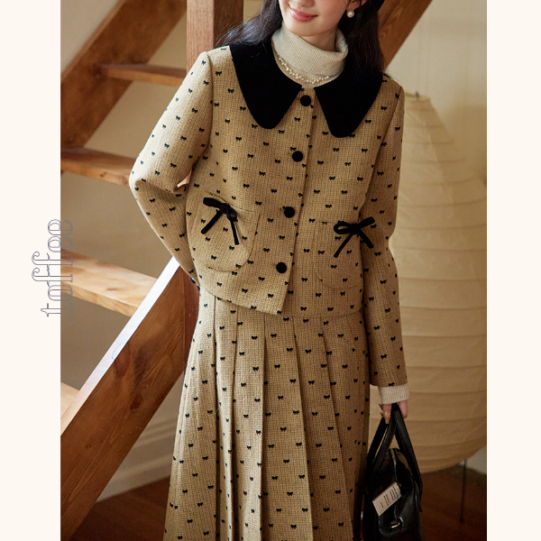 リボンドットショートジャケット&プリーツスカートセットアップ 《Z00764》