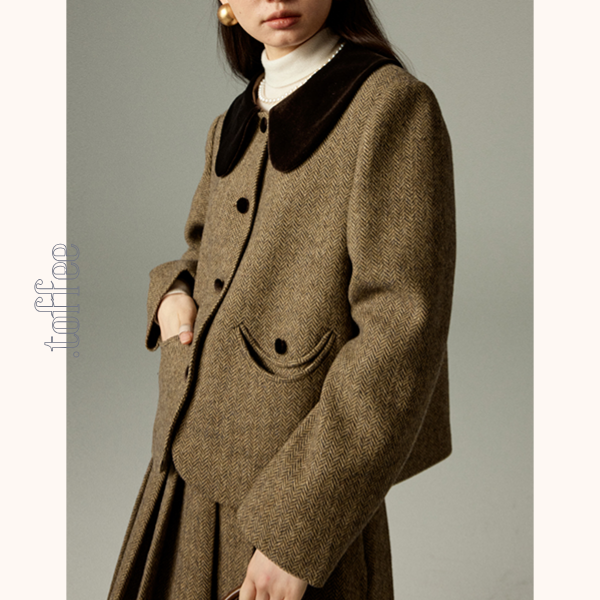 ヘリボーン柄ショートジャケット&プリーツミディスカートのセットアップ Z00481