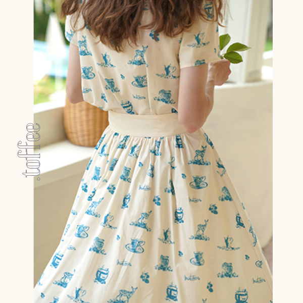 カントリー風アニマルプリント半袖シャツ&ミドル丈スカートのセットアップ 《Z00751》