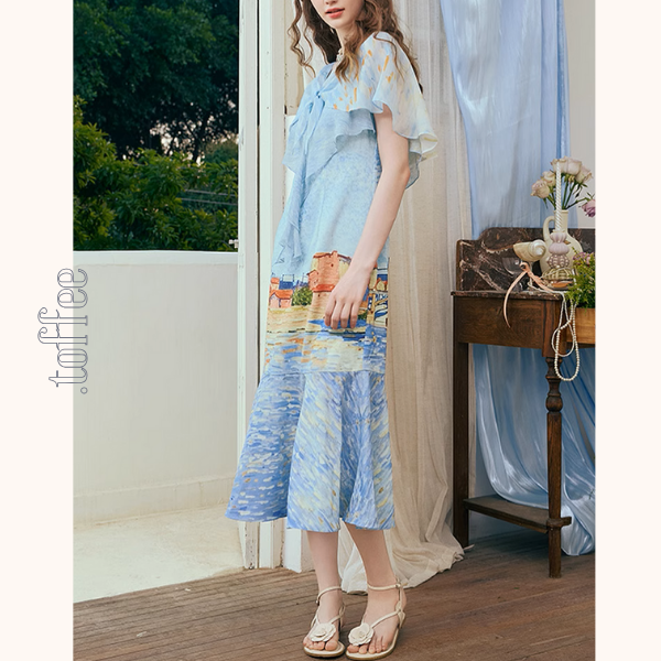 潮の音が聞こえる:シフォンプリントロングワンピース《Z00972》