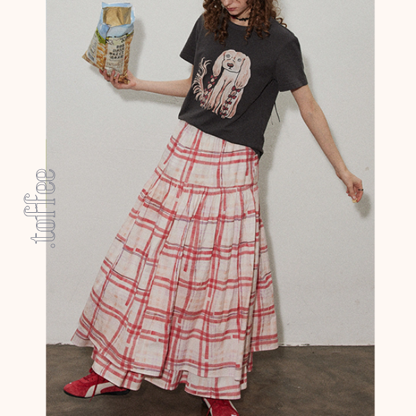 ペインタリーチェックロングフレアスカート《Z00843》