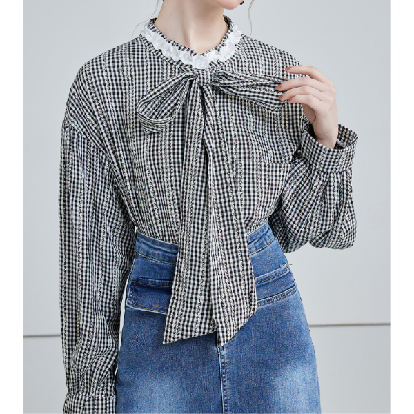 フロントリボンギンガムチェックルーズブラウス X-527