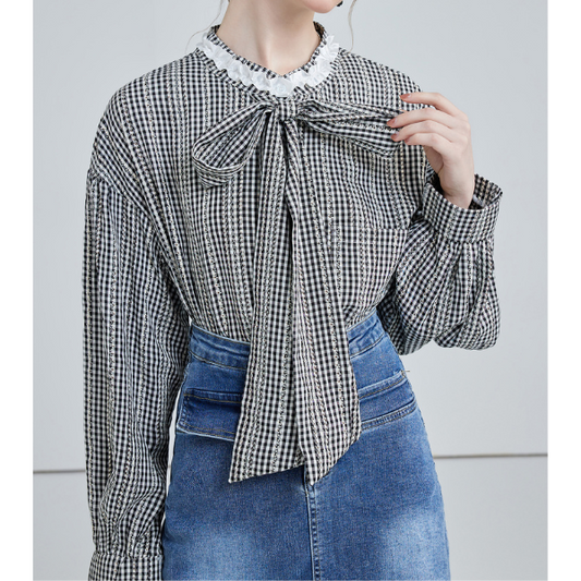 フロントリボンギンガムチェックルーズブラウス X-527