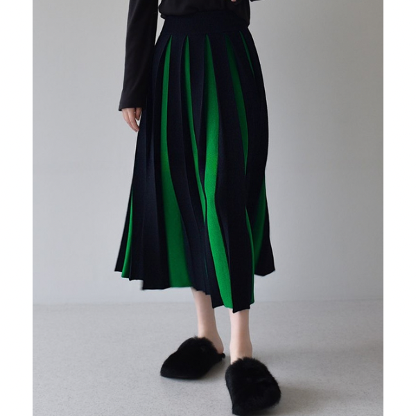 【6color】バイカラープリーツスカート w-079