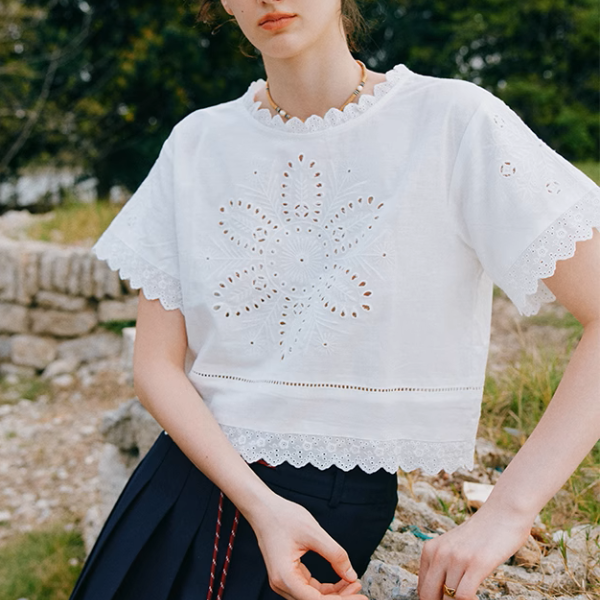 カットワークレースボックス型クロップドTシャツ《Z01002》