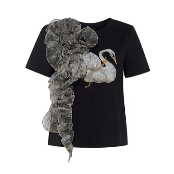 チュールリボンと水鳥プリントのブラックTシャツ《Z01060》
