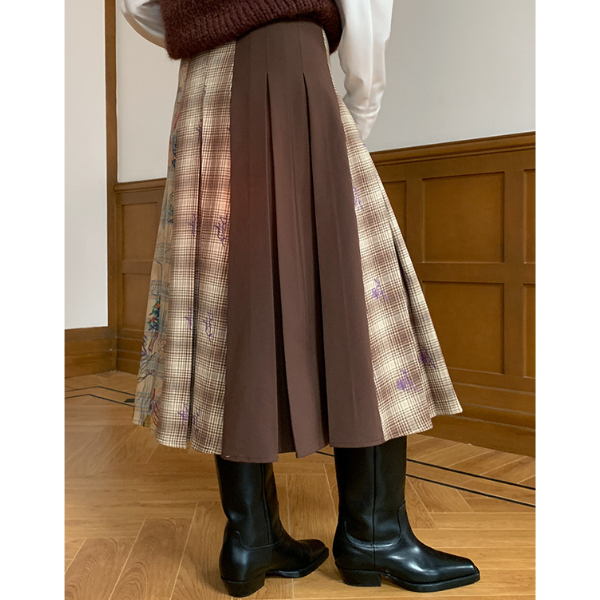 パッチワークプリーツロングスカート Z00106