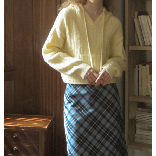 タータンチェックハイウエストミドル丈スカート X-440