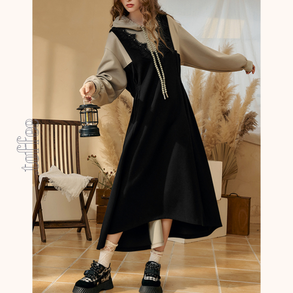 レイヤード風フード付きロングワンピース Z00532