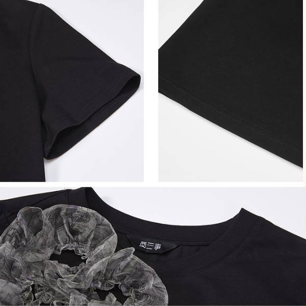 チュールリボンと水鳥プリントのブラックTシャツ《Z01060》