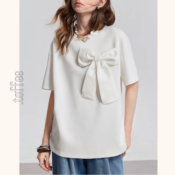 【2color】ビッグリボンクルーネック半袖Tシャツ《Z00933》