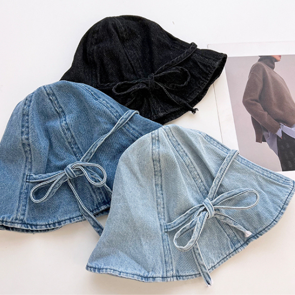 【3color】リボン付きウオッシュデニムドームハット Z00159