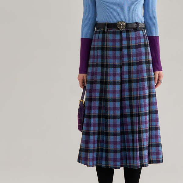 ハイウエストチェック柄ミモレ丈スカート 《Z00656》
