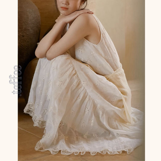 レース&アイレット刺繍ロングティアードワンピース《Z00888》