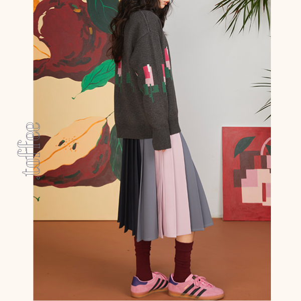 コントラストカラーミモレ丈プリーツスカート 《Z00701》