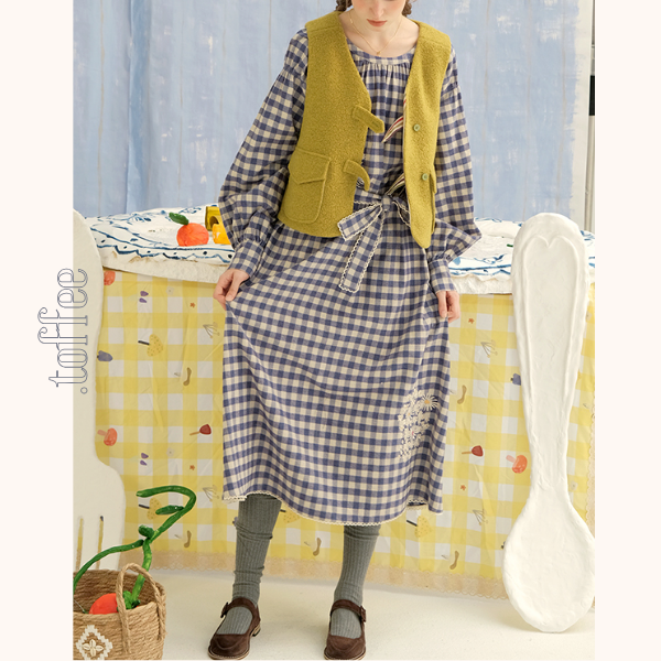 ギンガムチェックウエストリボンロングワンピース 《Z00757》