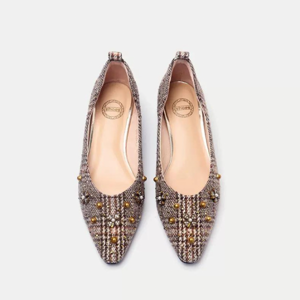 スタッズデコレーションチェックパンプス w-125