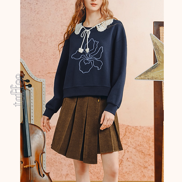 かぎ針襟と花刺繍のネイビーセット《Z01135》