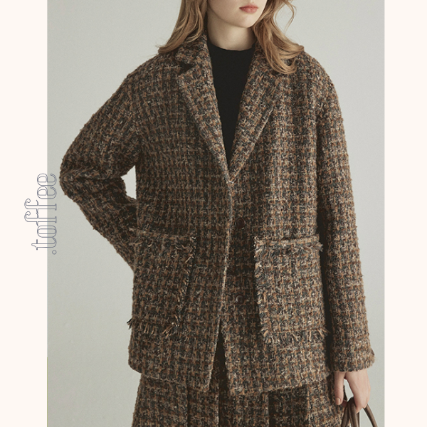 千鳥格子ツイードジャケット&ロングプリーツスカートセットアップ 《Z00775》