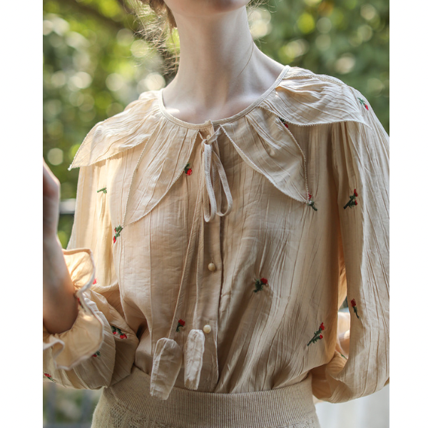 フラワーエンブロイダリーボウタイブラウス w-169