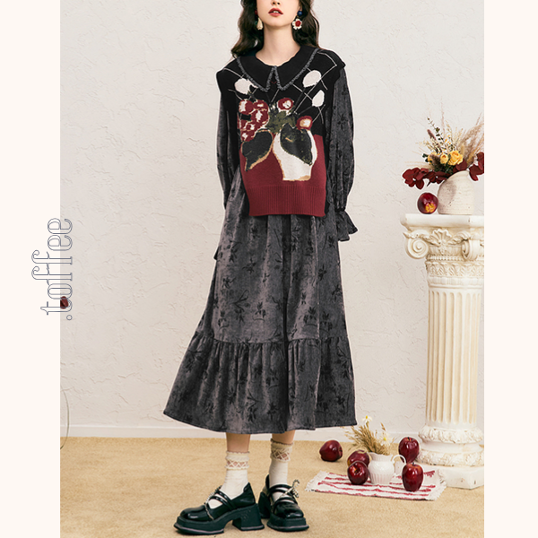 コーデュロイブラックロングワンピース 《Z00689》