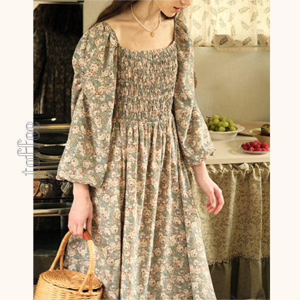 小花柄パフスリーブミモレ丈ワンピース 《Z00745》