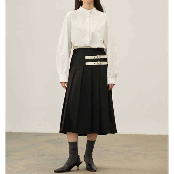 【2color】二つのベルト付きミモレ丈Aラインプリーツスカート Z00223
