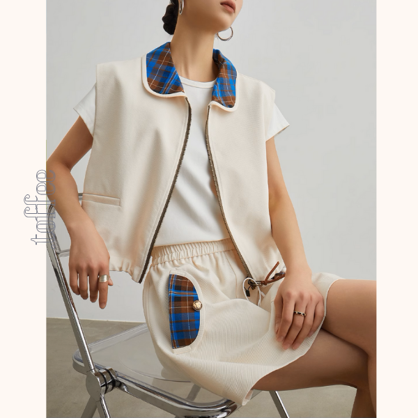 フロントジップアップベスト&ミニスカートセットアップ《Z00947》