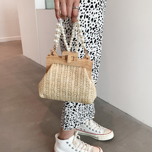 【3color】パールストラップエレガントストローバッグ X-274