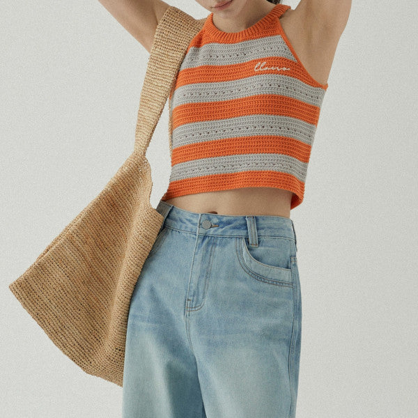 【2color】ホルターネックストライプニットトップ Z00310